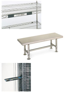 Cleanroom equipment including shelving, work surface, and rack system